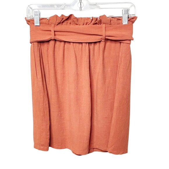 Everly Linen Blend Paper Bag Women’s Size M Burnt Orange Button Belted Skirt - Picture 2 of 8